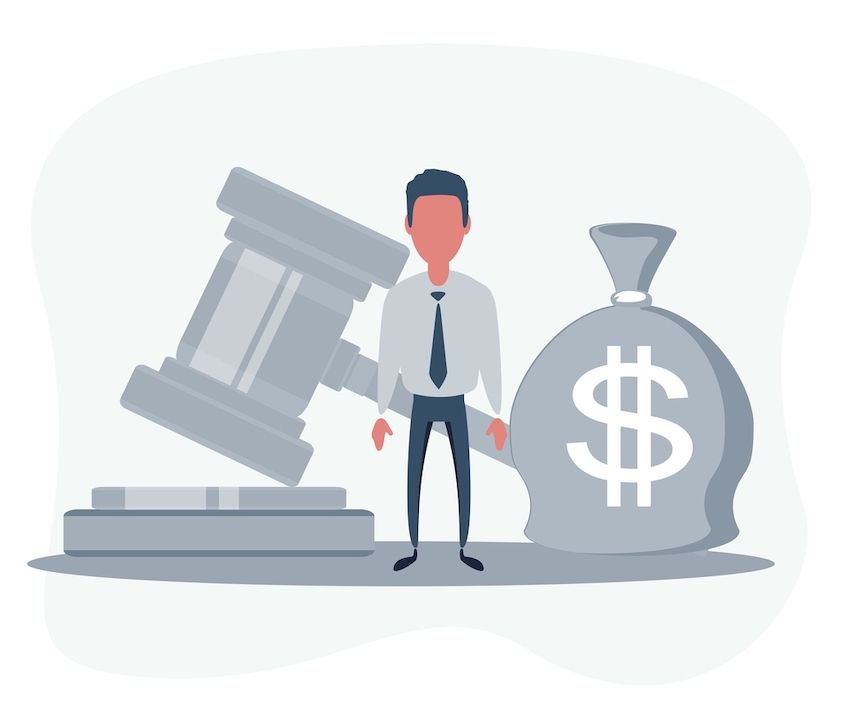 Man between gavel and money bag symbolizing legal penalties for non-compliant email marketing.