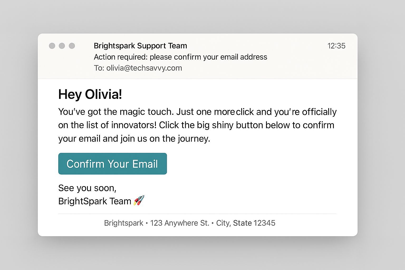 Double opt-in confirmation email to verify the subscriber’s address — an essential email marketing best practice.