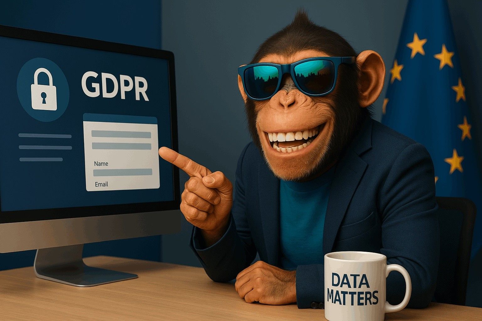 Smiling monkey in blazer pointing at GDPR screen, highlighting Maildroppa’s commitment to data privacy and EU compliance.