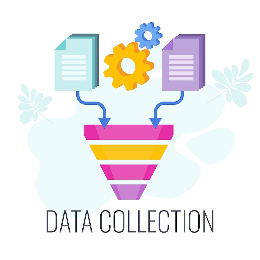 "DATA COLLECTION" under a funnel illustrating document processing, symbolizing audience data gathering for targeted mail marketing.